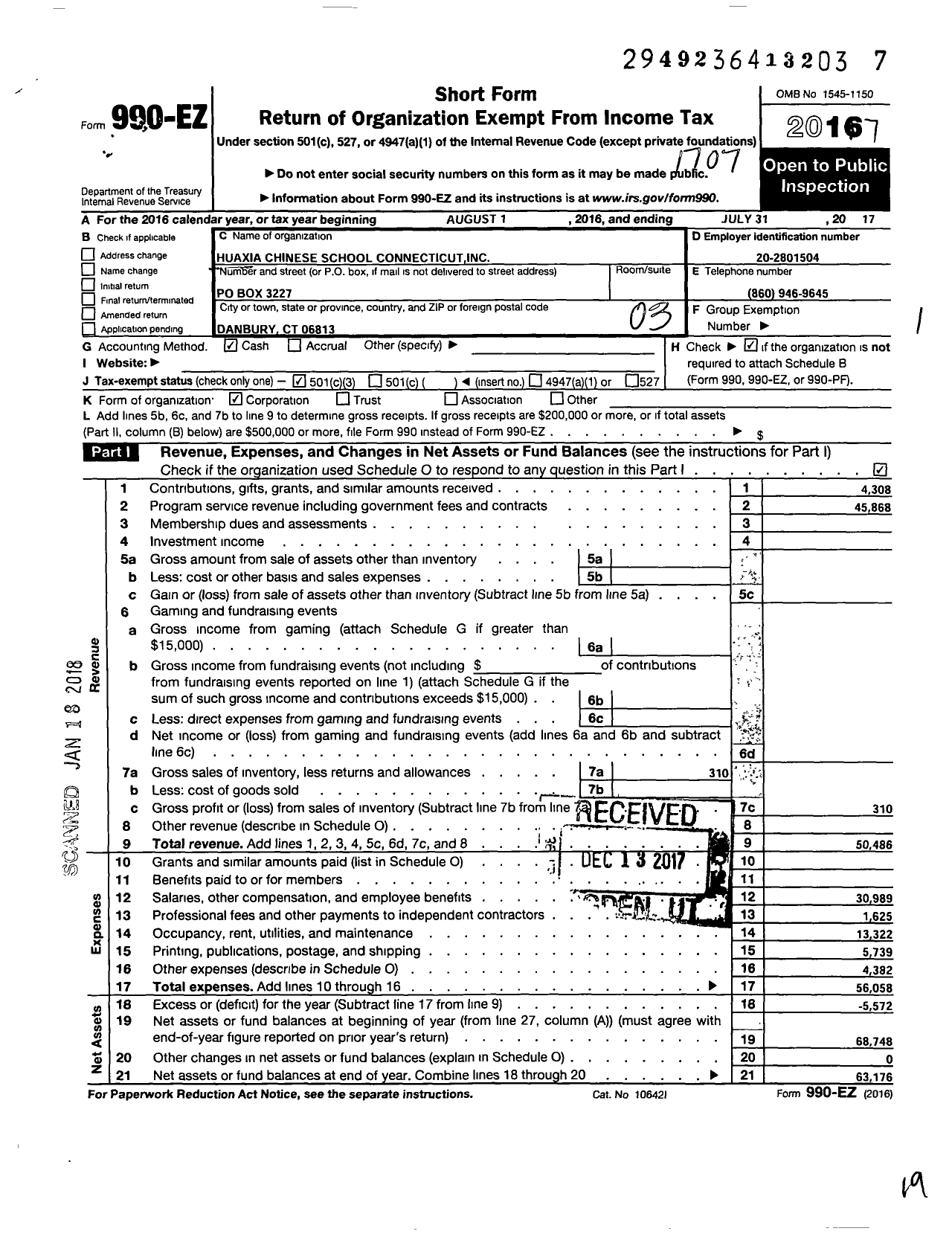 Image of first page of 2016 Form 990EZ for Huaxia Chinese School Connecticut