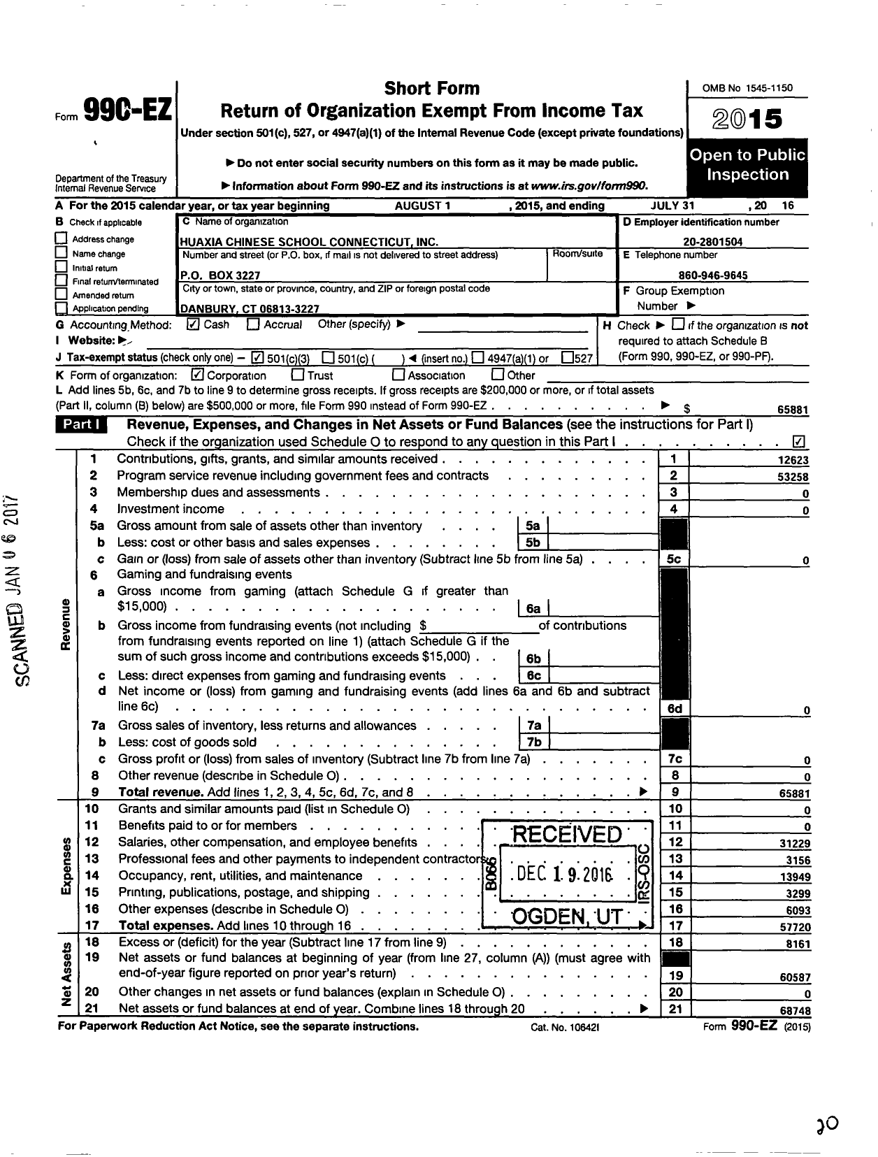 Image of first page of 2015 Form 990EZ for Huaxia Chinese School Connecticut