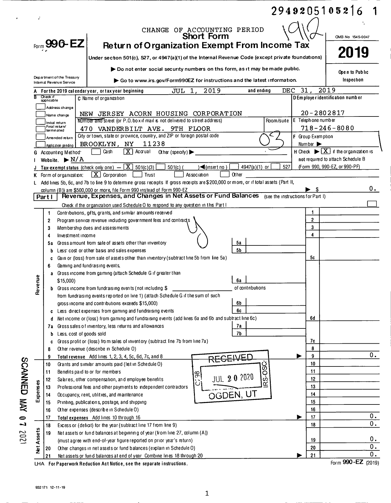 Image of first page of 2019 Form 990EZ for New Jersey Acorn Housing Corporation