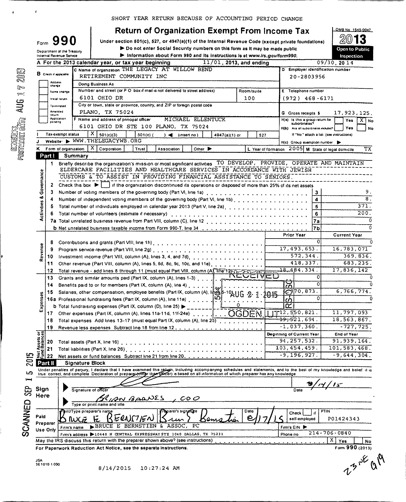 Image of first page of 2013 Form 990 for The Legacy Willow Bend
