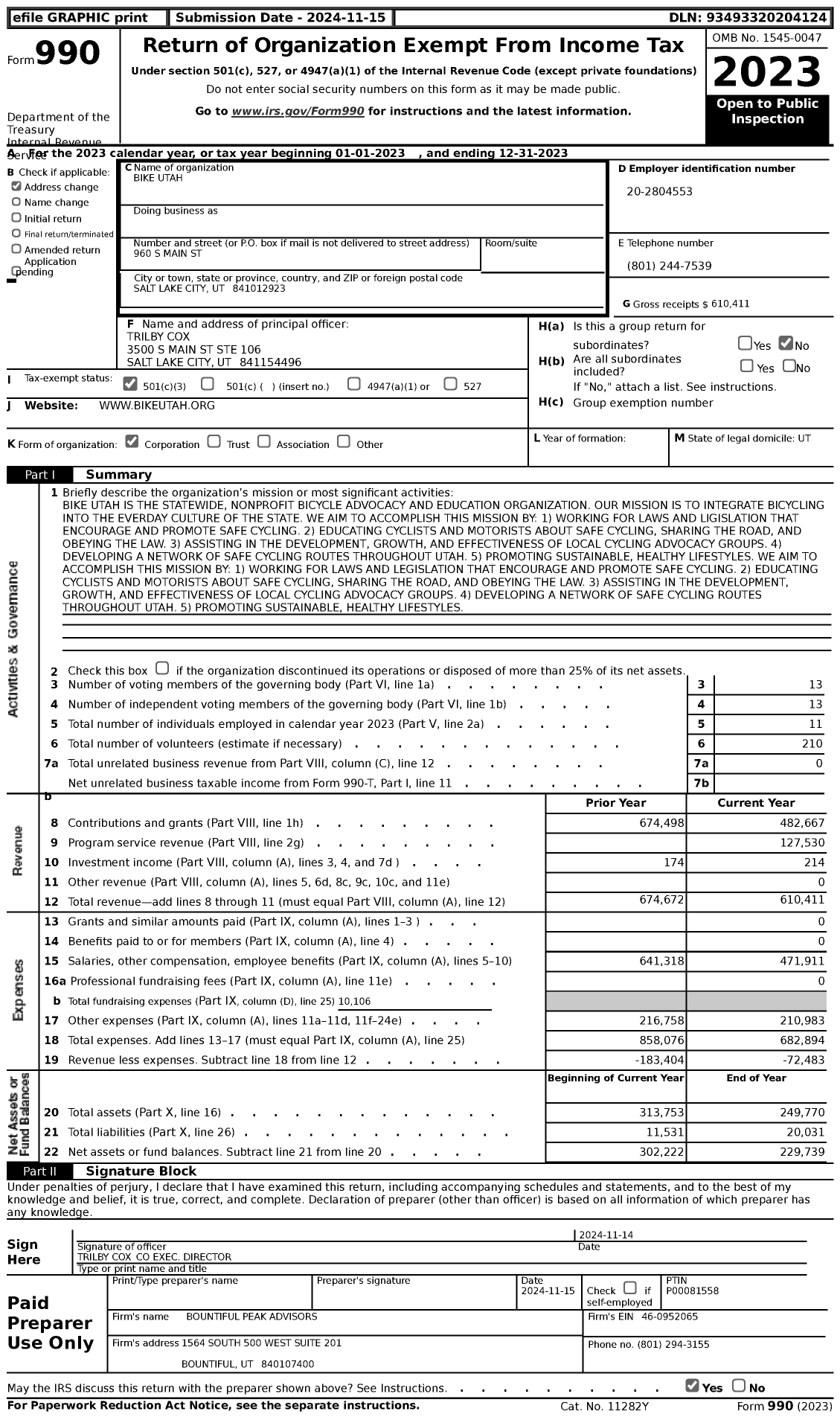 Image of first page of 2023 Form 990 for Bike Utah