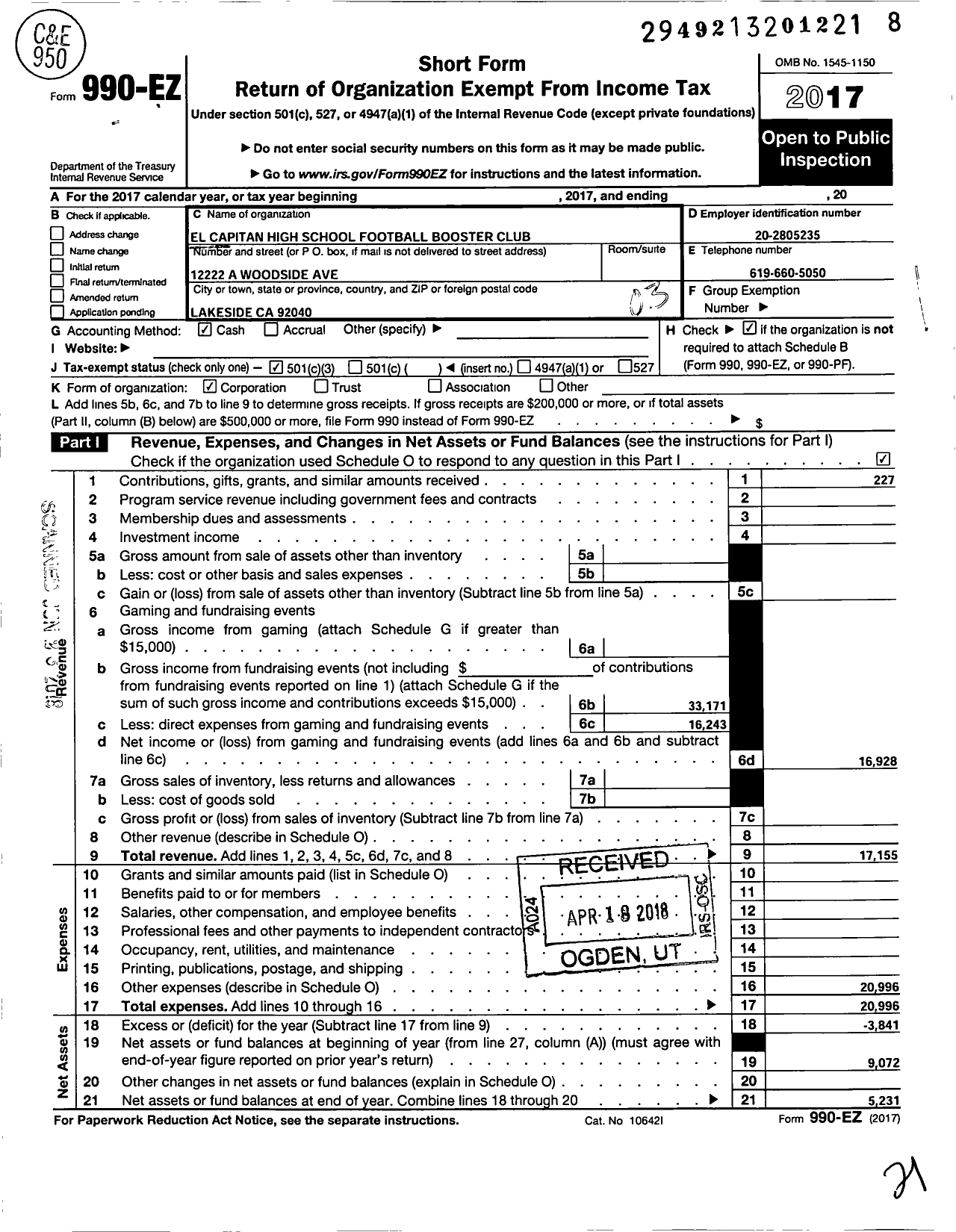 Image of first page of 2017 Form 990EZ for El Capitan High School Football Booster Club