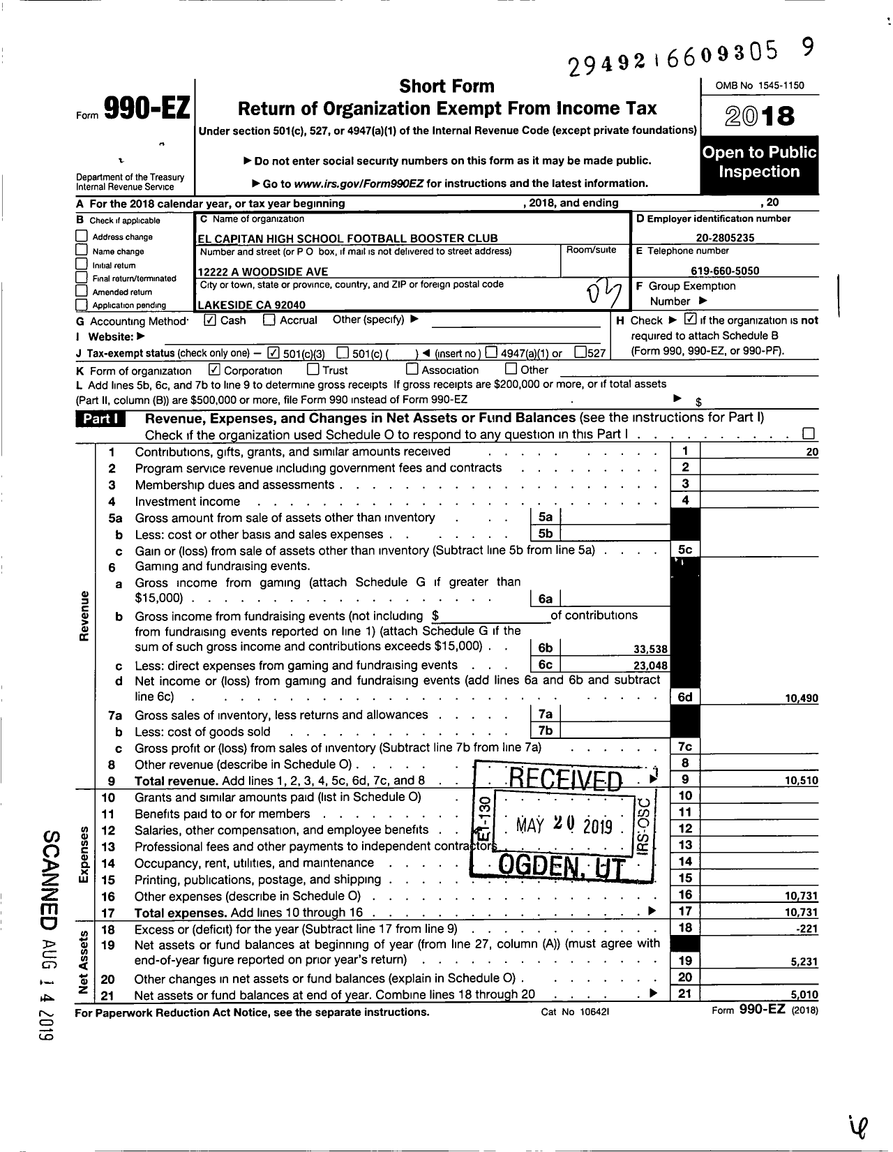 Image of first page of 2018 Form 990EZ for El Capitan High School Football Booster Club