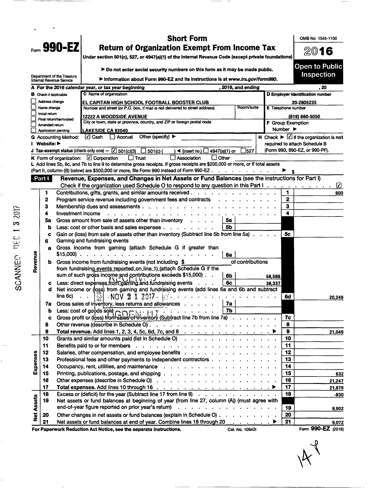 Image of first page of 2016 Form 990EZ for El Capitan High School Football Booster Club