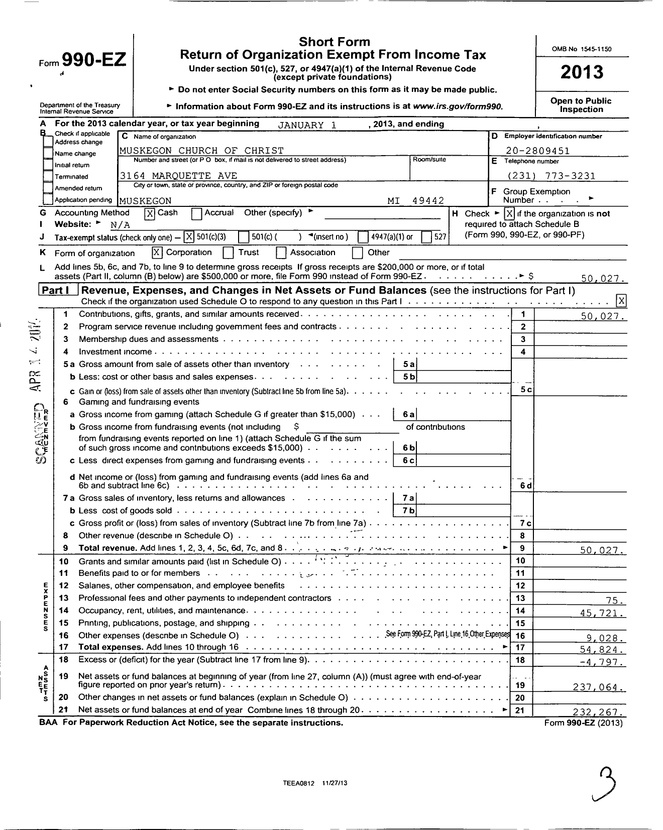 Image of first page of 2013 Form 990EZ for Muskegon Church of Christ