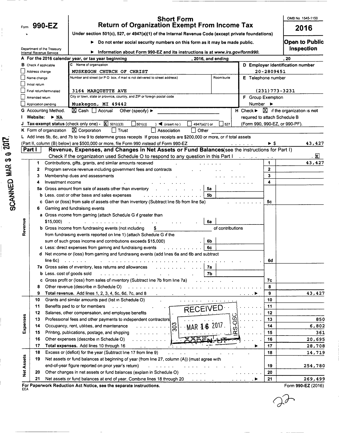 Image of first page of 2016 Form 990EZ for Muskegon Church of Christ