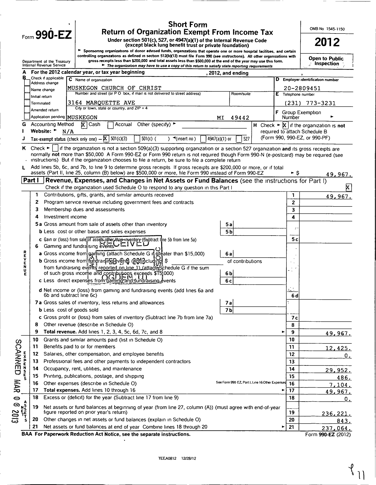 Image of first page of 2012 Form 990EZ for Muskegon Church of Christ