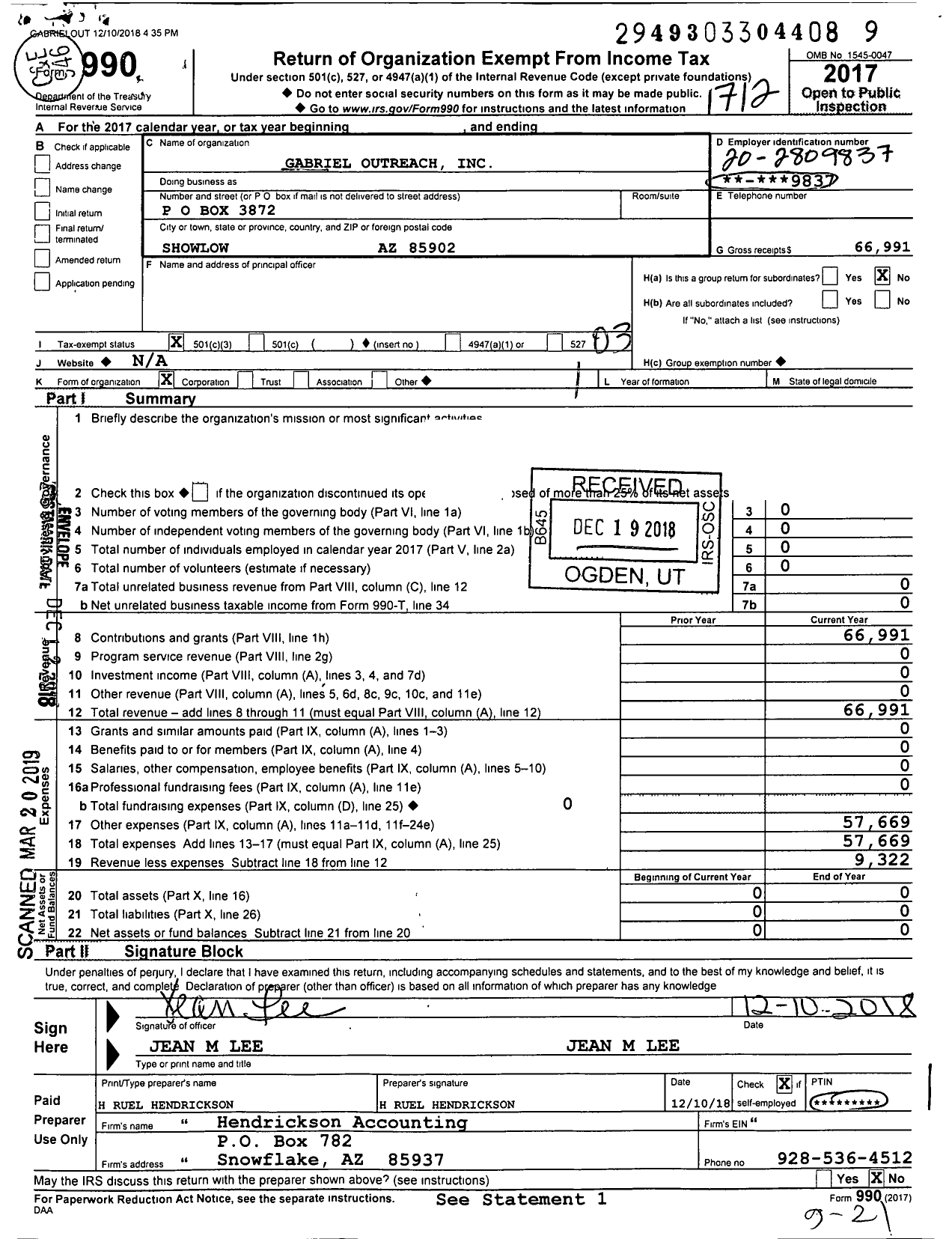 Image of first page of 2017 Form 990 for Gabriel Outreach