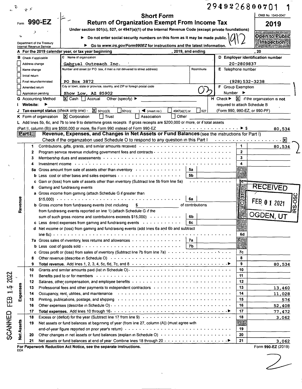 Image of first page of 2019 Form 990EZ for Gabriel Outreach