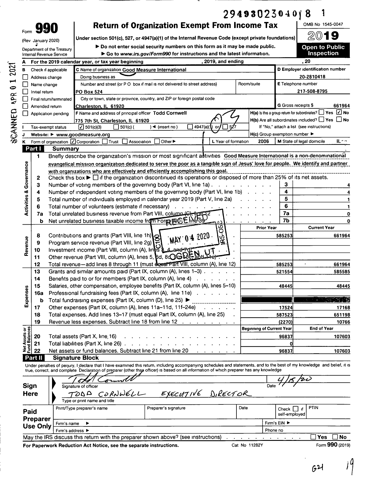 Image of first page of 2019 Form 990 for Good Measure International Incorporated