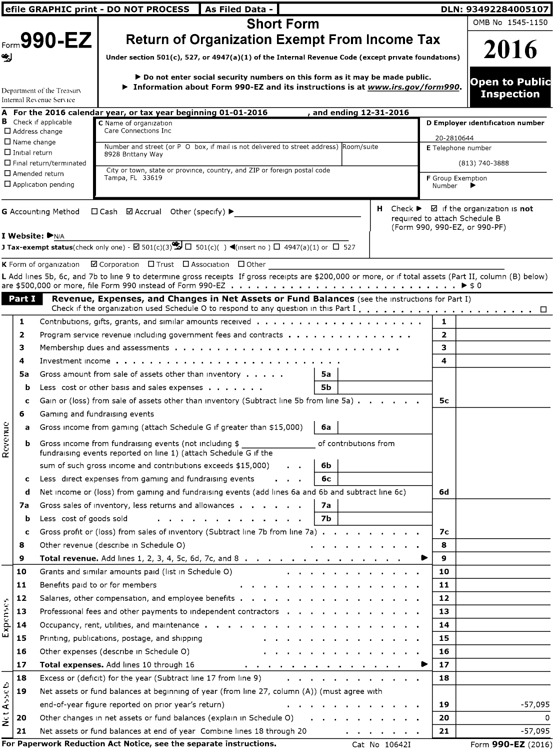 Image of first page of 2016 Form 990EZ for Care Connections