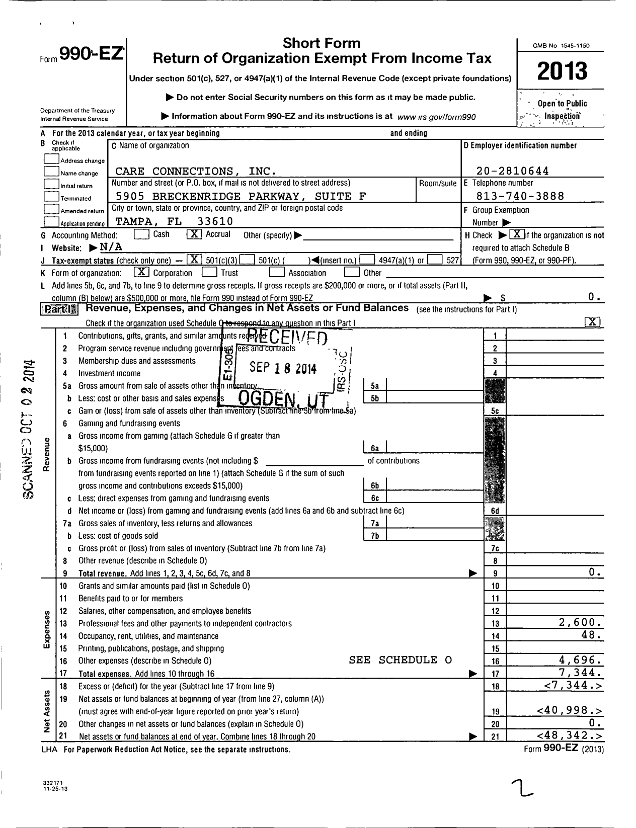 Image of first page of 2013 Form 990EZ for Care Connections