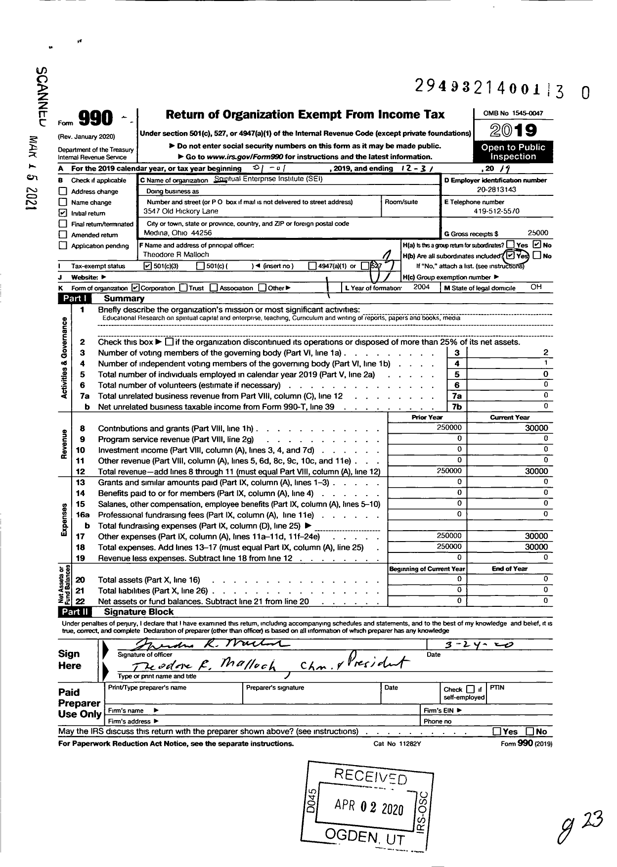 Image of first page of 2019 Form 990 for Spiritual Enterprises Institute