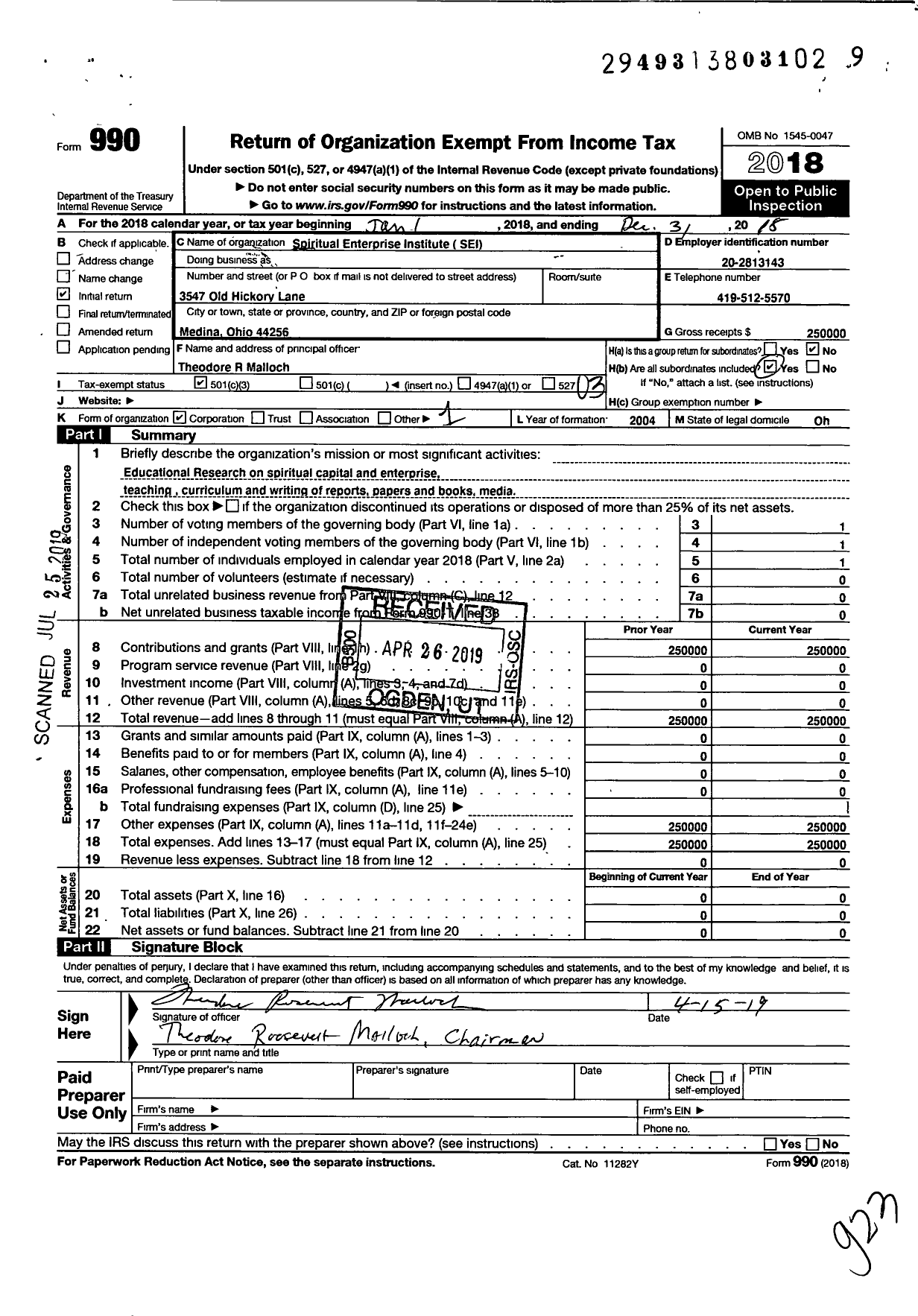 Image of first page of 2018 Form 990 for Spiritual Enterprises Institute