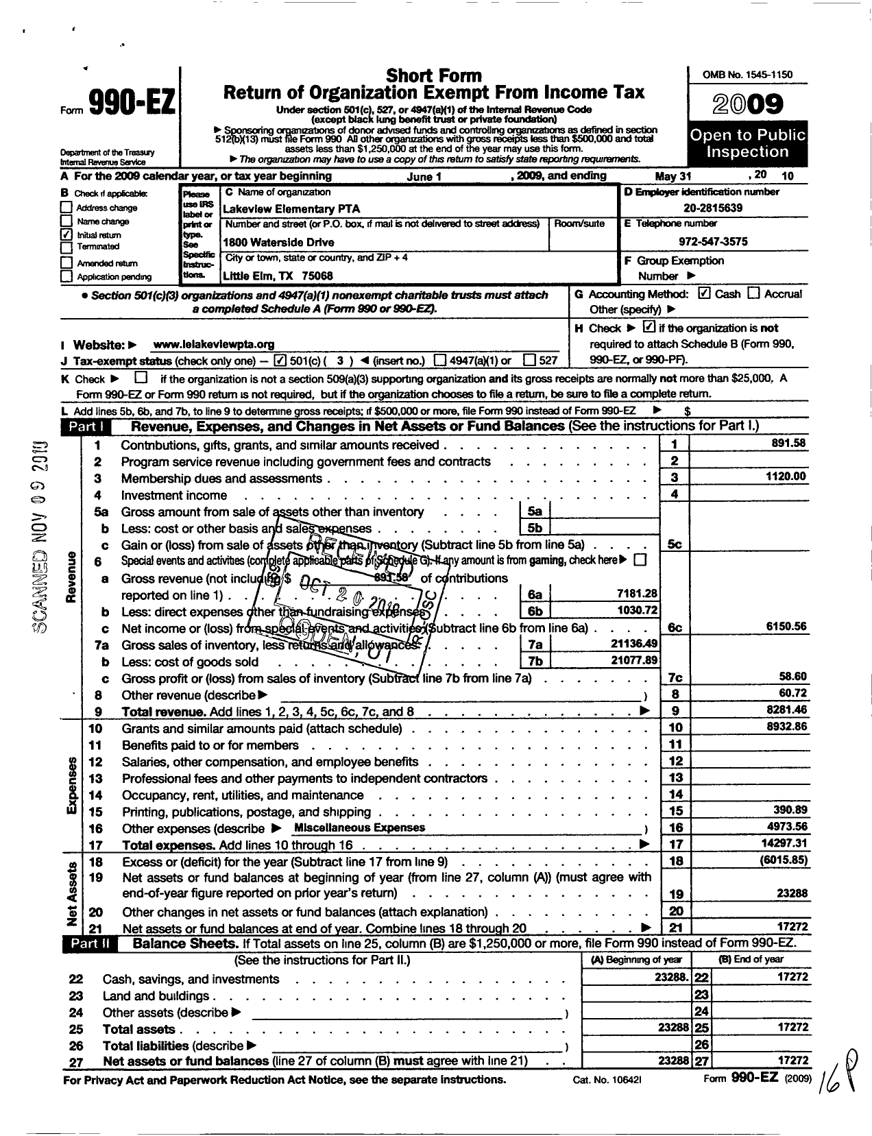 Image of first page of 2009 Form 990EZ for Texas PTA - 11552 Lakeview Elementary