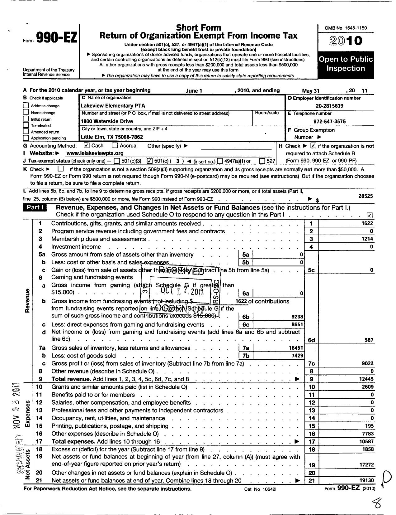 Image of first page of 2010 Form 990EZ for Texas PTA - 11552 Lakeview Elementary