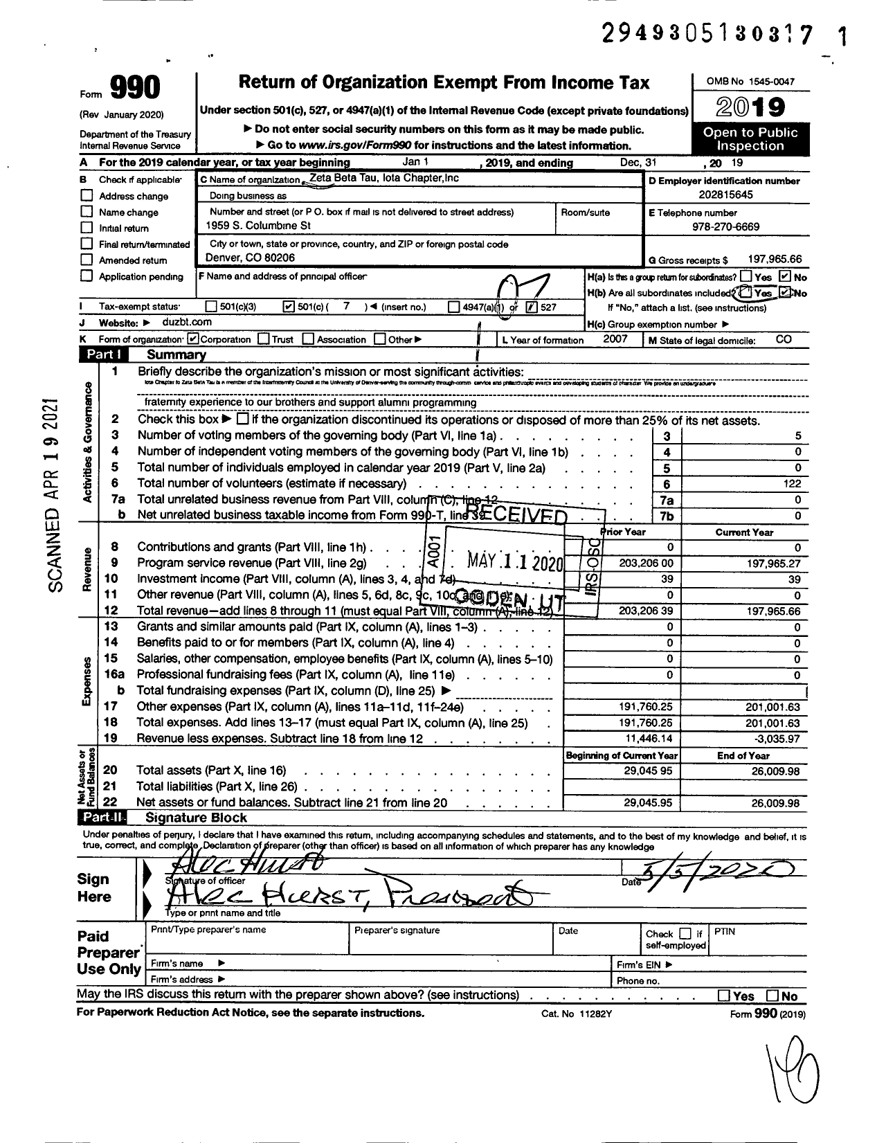 Image of first page of 2019 Form 990O for Zeta Beta Tau Fraternity Iota Chapter