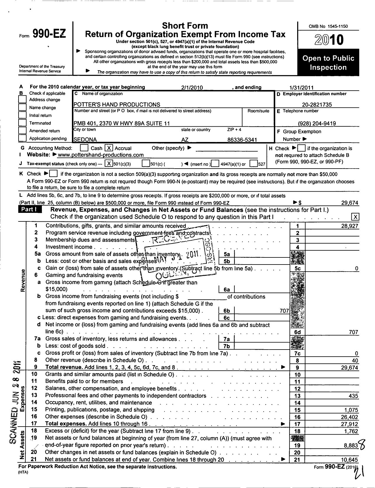 Image of first page of 2010 Form 990EZ for Potters Hand Productions