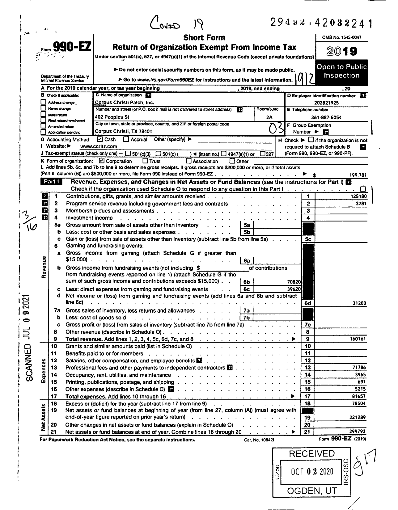 Image of first page of 2019 Form 990EZ for Corpus Christi Ritz Theatre