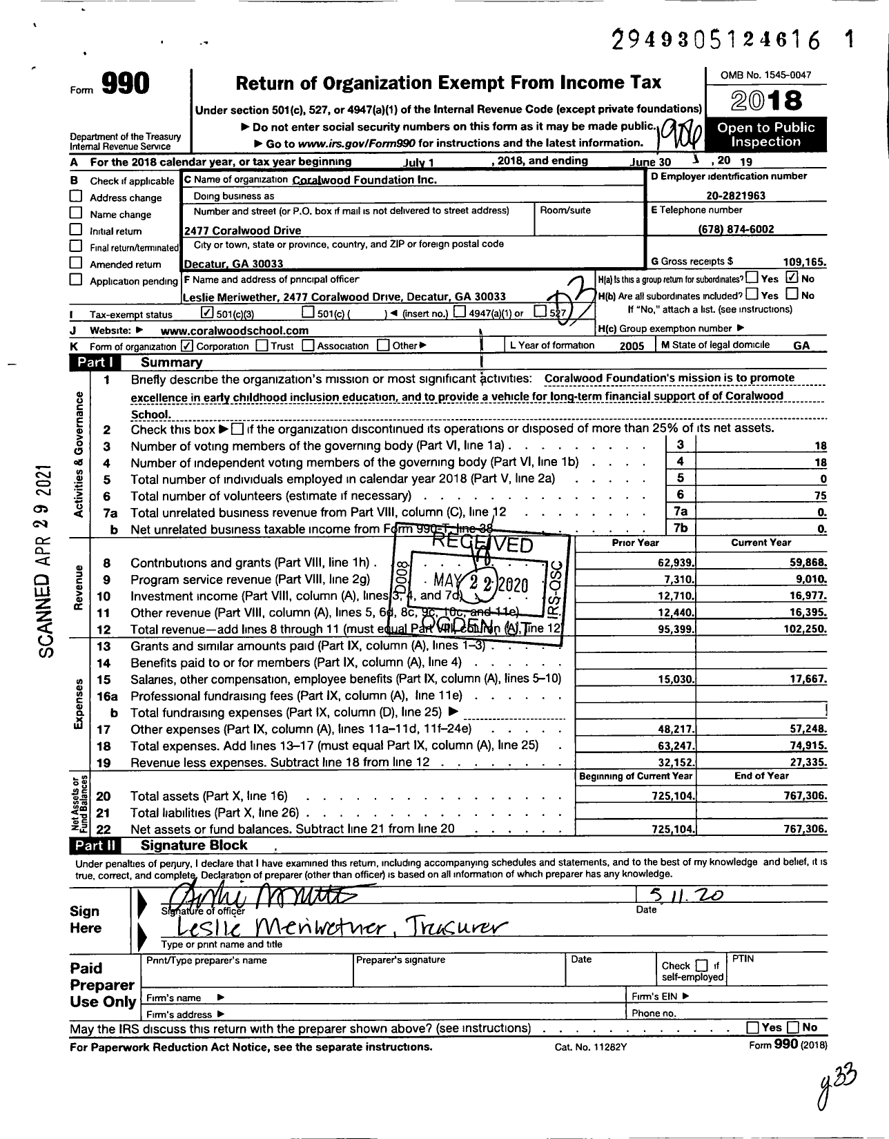 Image of first page of 2018 Form 990 for Coralwood Foundation