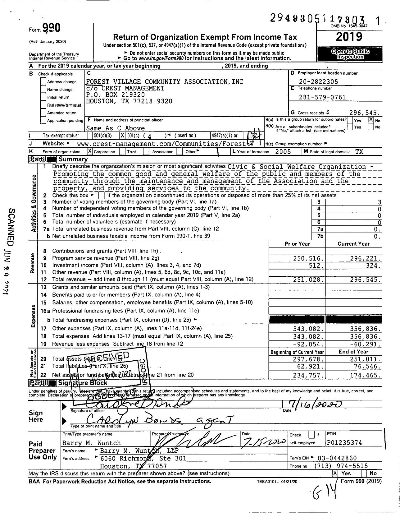 Image of first page of 2019 Form 990O for Forest Village Community Association