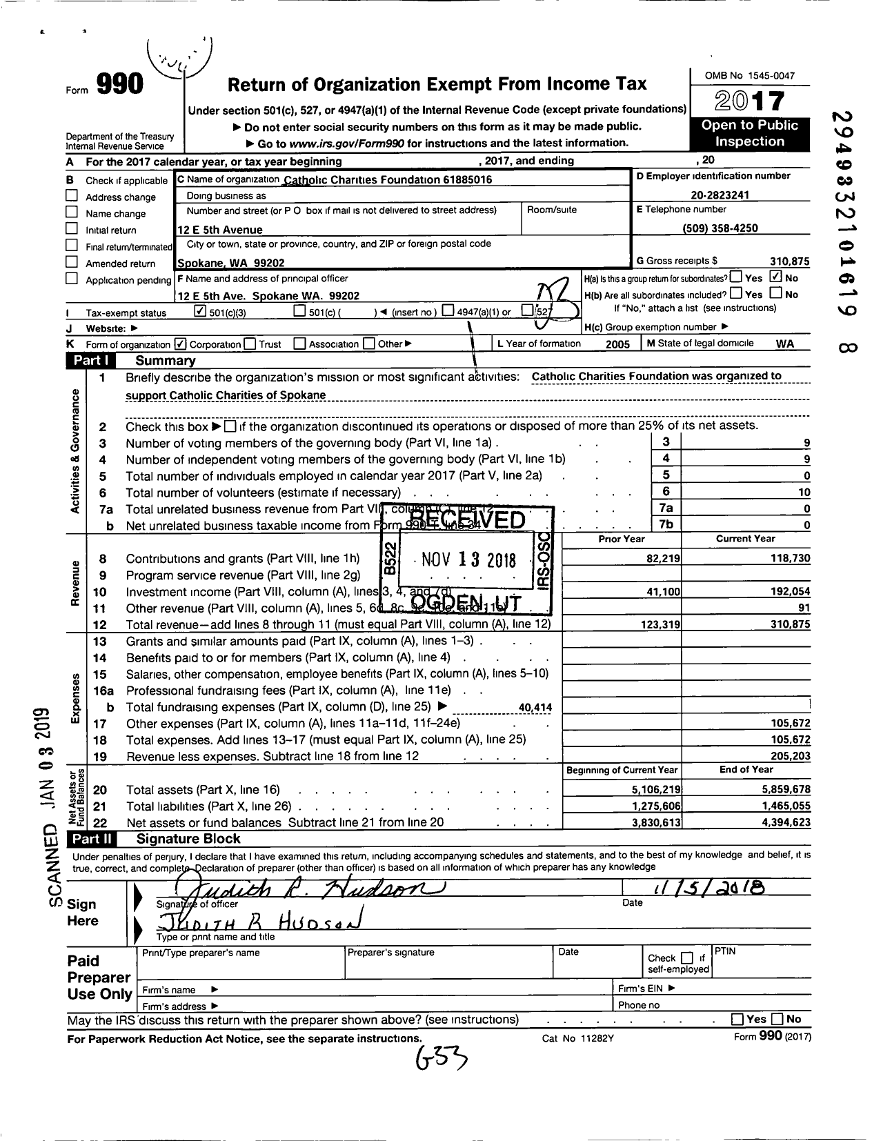 Image of first page of 2017 Form 990 for Catholic Charities Foundation 61885016