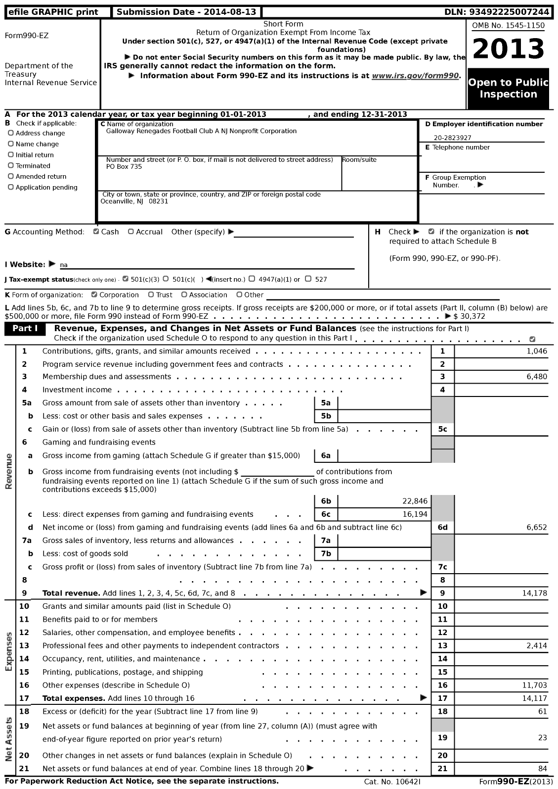 Image of first page of 2013 Form 990EZ for Galloway Renegades Football Club A NJ Nonprofit Corporation