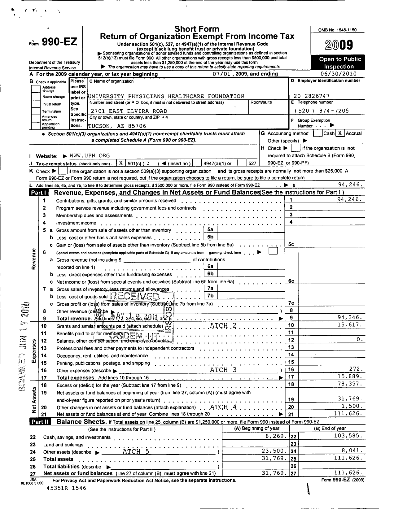 Image of first page of 2009 Form 990EZ for University Physicians Healthcare Foundation