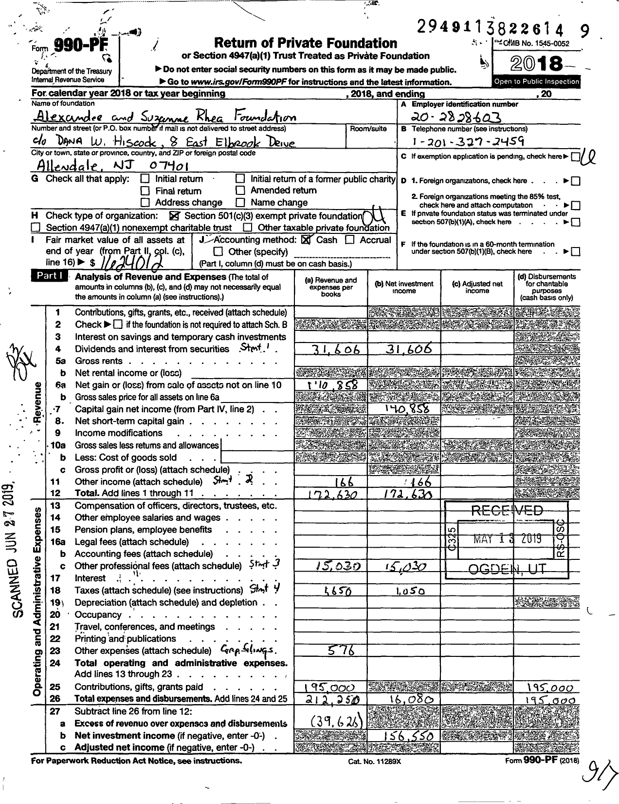 Image of first page of 2018 Form 990PF for Alexander and Suzanne Rhea Foundation