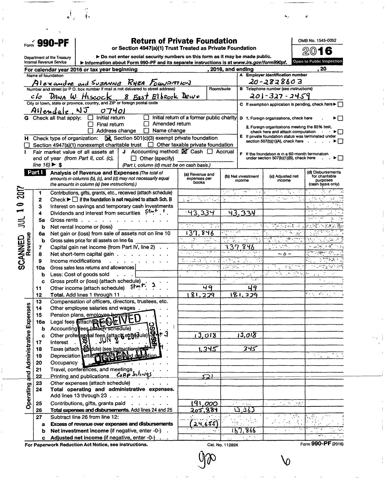 Image of first page of 2016 Form 990PF for Alexander and Suzanne Rhea Foundation