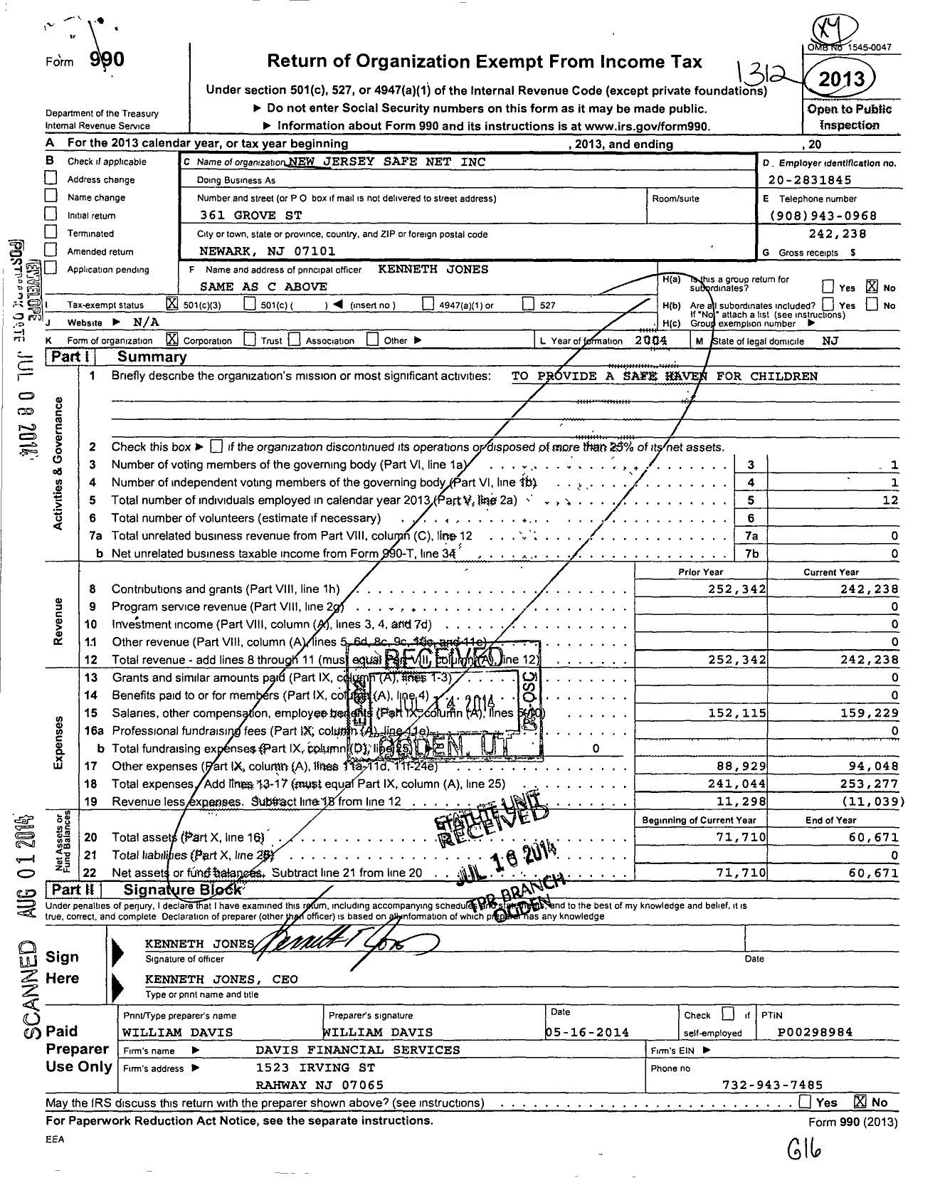 Image of first page of 2013 Form 990 for New Jersey Safe Net