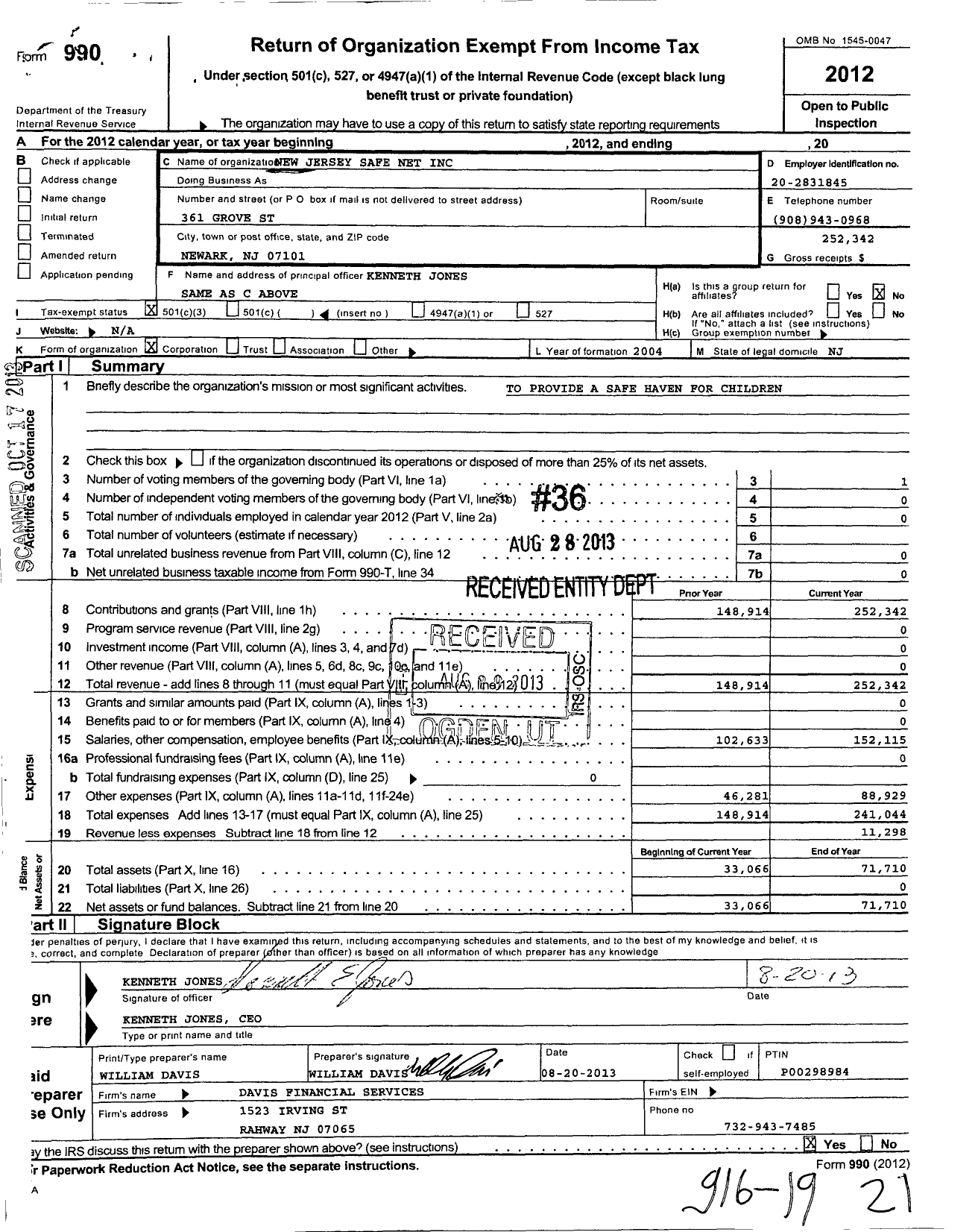 Image of first page of 2012 Form 990 for New Jersey Safe Net