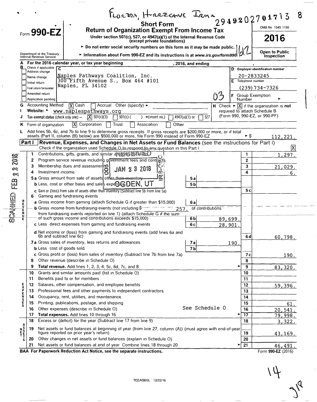 Image of first page of 2016 Form 990EZ for Naples Pathways Coalition