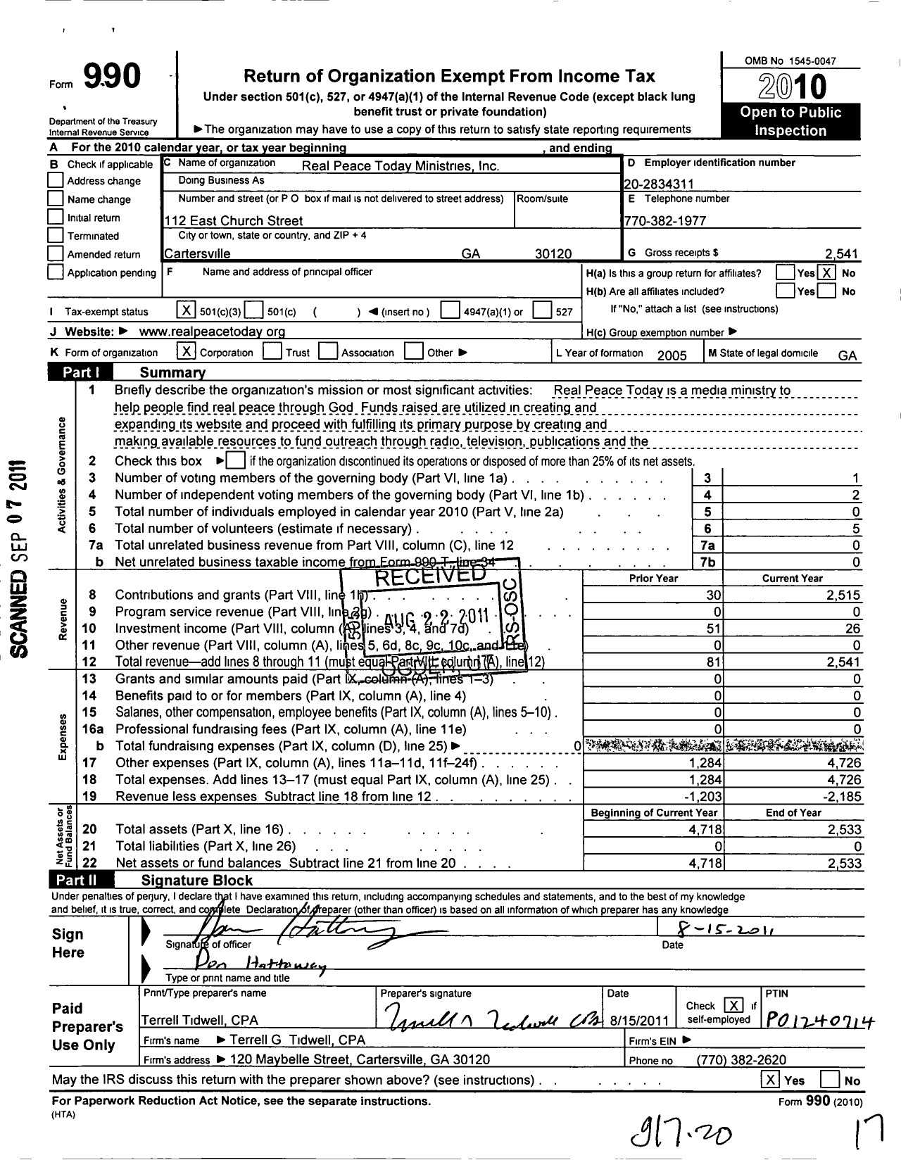 Image of first page of 2010 Form 990 for Real Peace Today Ministries