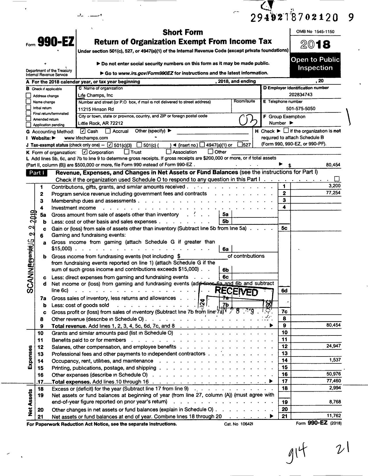 Image of first page of 2018 Form 990EZ for Lifechamps