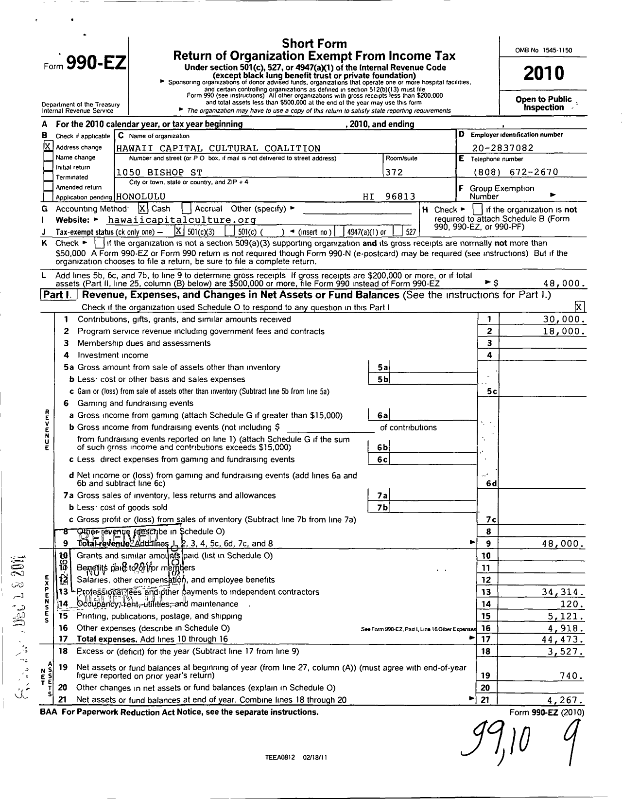 Image of first page of 2010 Form 990EZ for Hawaii Capital Cultural Coalition