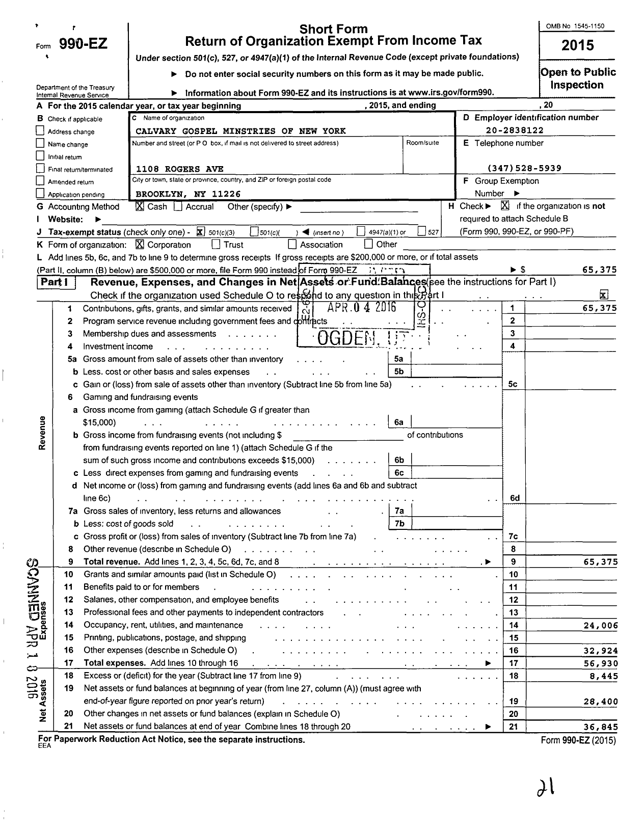 Image of first page of 2015 Form 990EZ for Calvary Gospel Ministries of New York