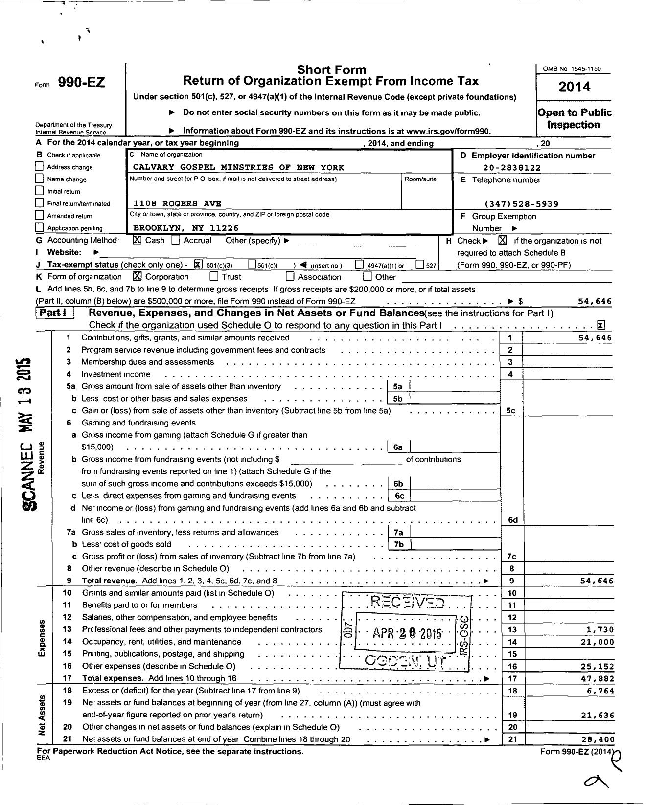 Image of first page of 2014 Form 990EZ for Calvary Gospel Ministries of New York