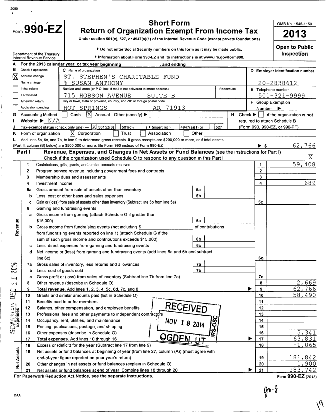 Image of first page of 2013 Form 990EZ for St Stephens Charitable Fund