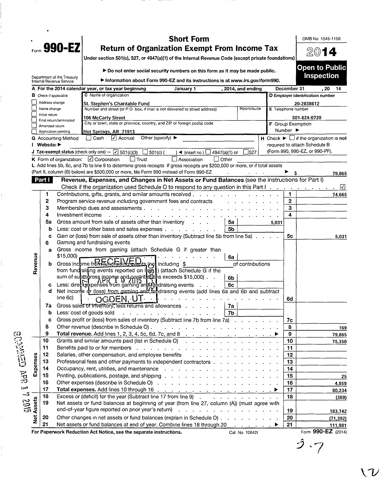 Image of first page of 2014 Form 990EZ for St Stephens Charitable Fund