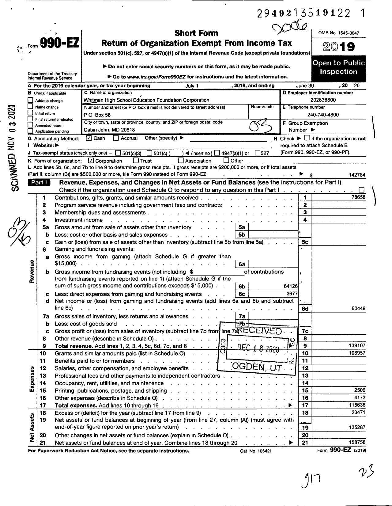 Image of first page of 2019 Form 990EZ for Whitman High School Education Foudation Corporation