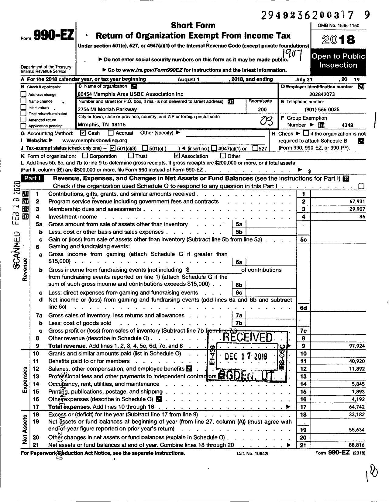 Image of first page of 2018 Form 990EZ for United States Bowling Congress - 80454 Memphis Area USBC