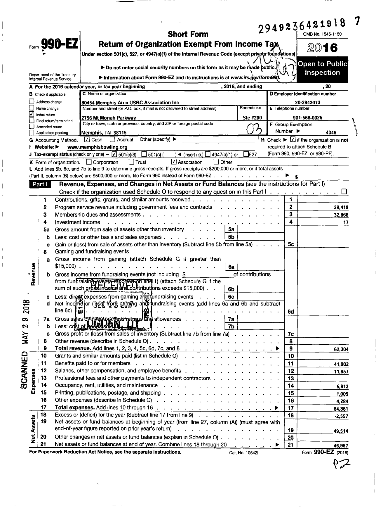 Image of first page of 2016 Form 990EZ for United States Bowling Congress - 80454 Memphis Area USBC