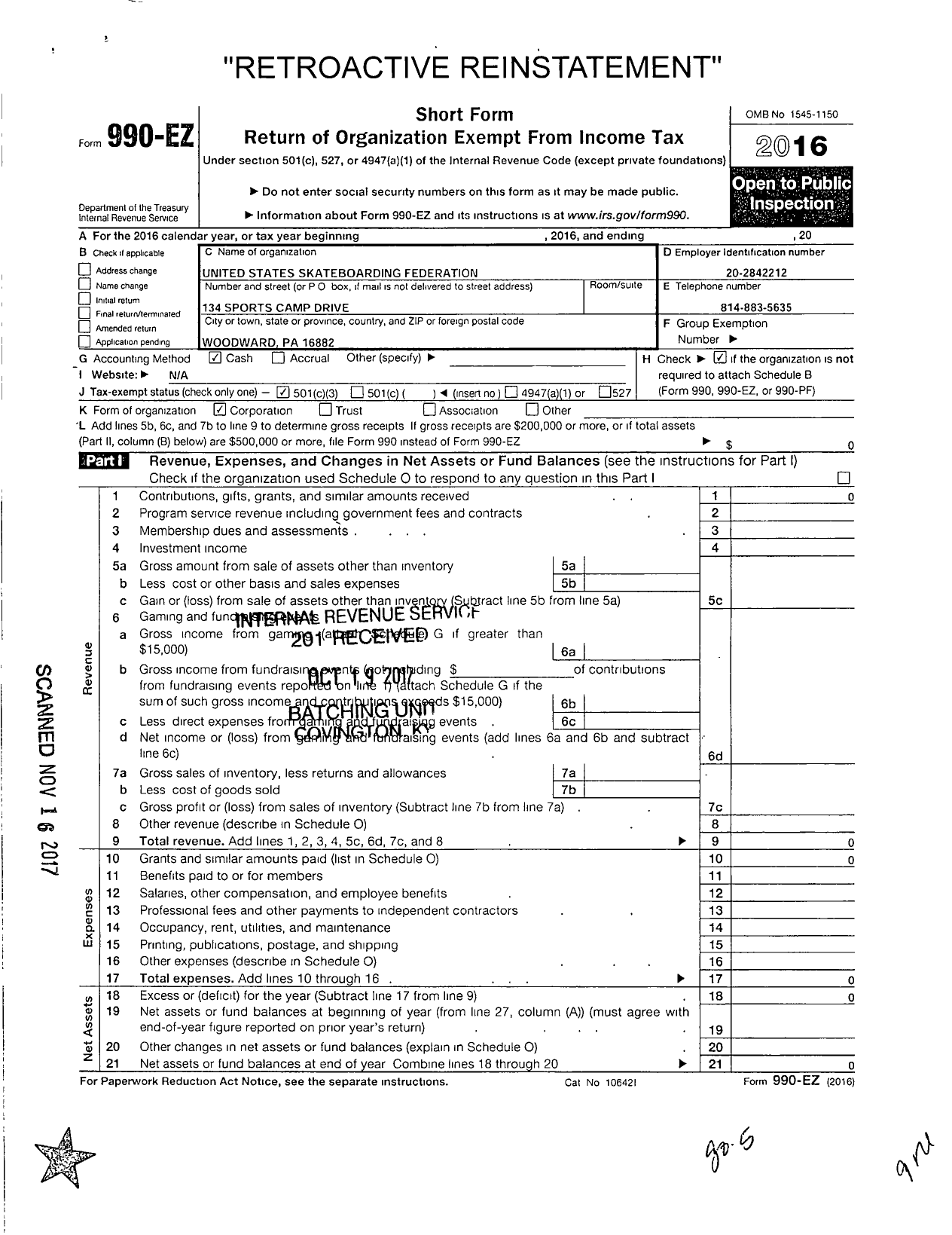 Image of first page of 2016 Form 990EZ for United States Skateboarding Federation