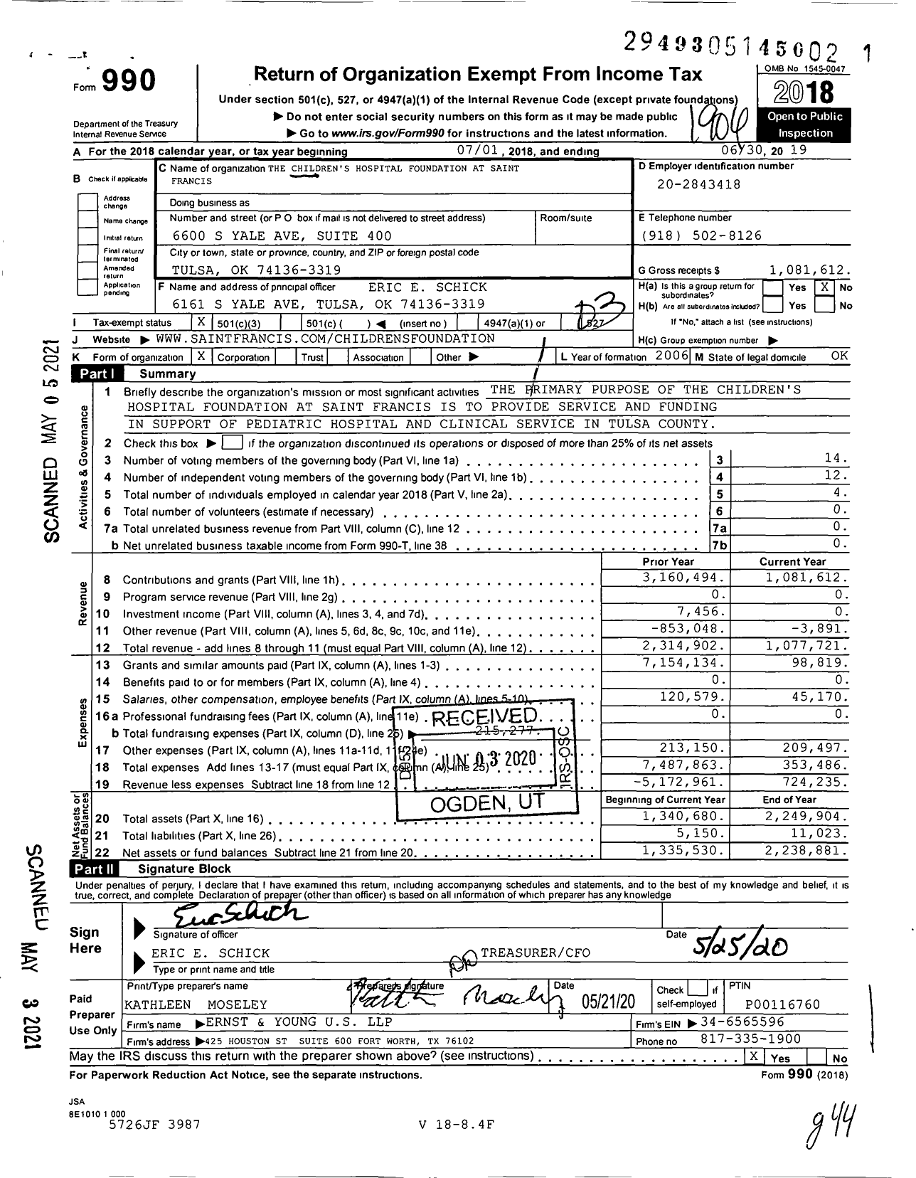 Image of first page of 2018 Form 990 for The Children's Hospital Foundation at Saint Francis