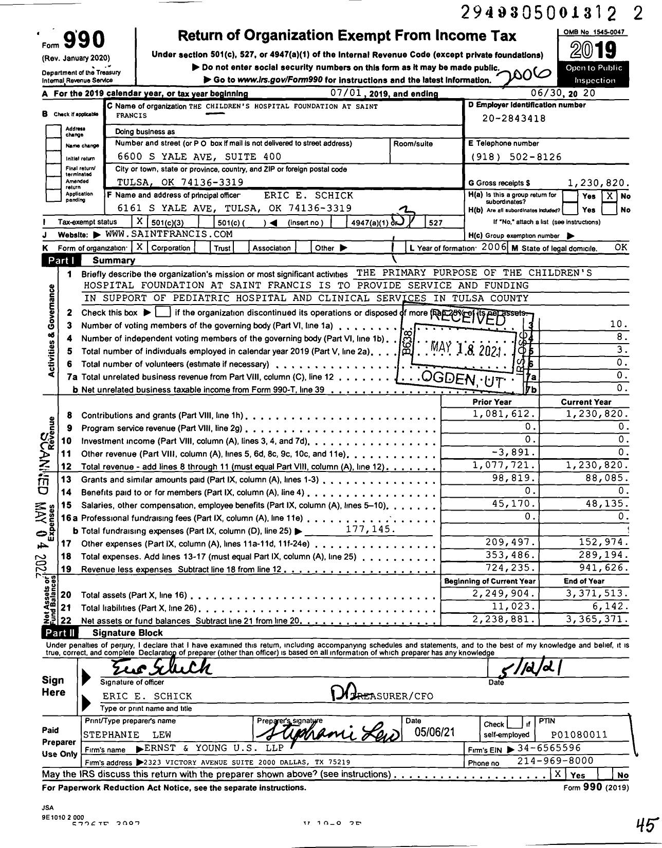 Image of first page of 2019 Form 990 for The Children's Hospital Foundation at Saint Francis