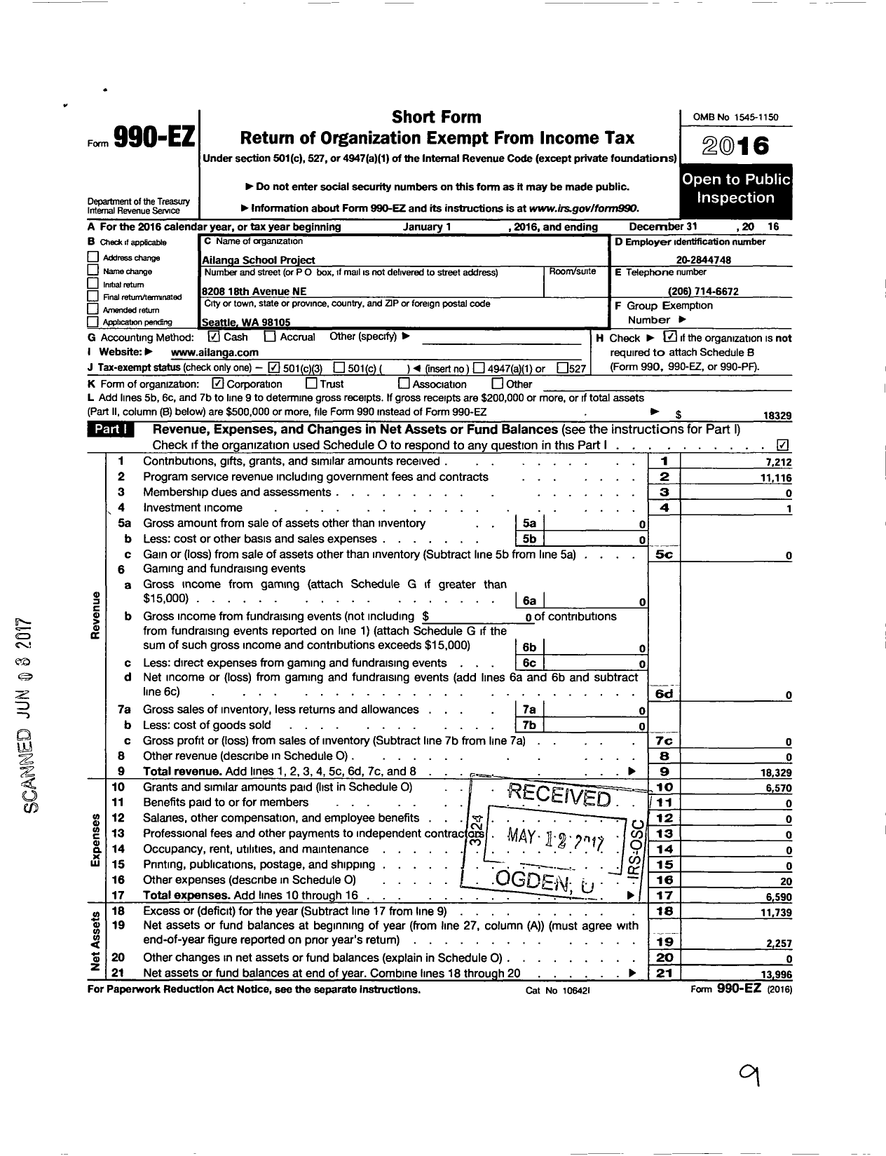 Image of first page of 2016 Form 990EZ for Ailanga School Project