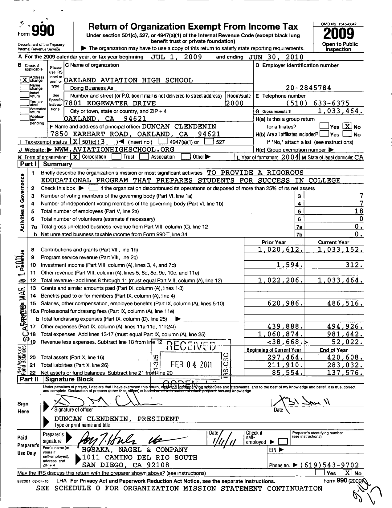 Image of first page of 2009 Form 990 for Oakland Aviation High School