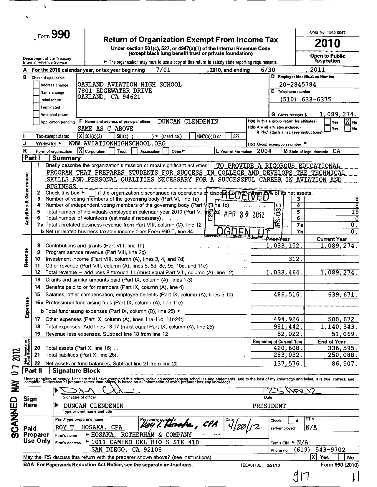 Image of first page of 2010 Form 990 for Oakland Aviation High School