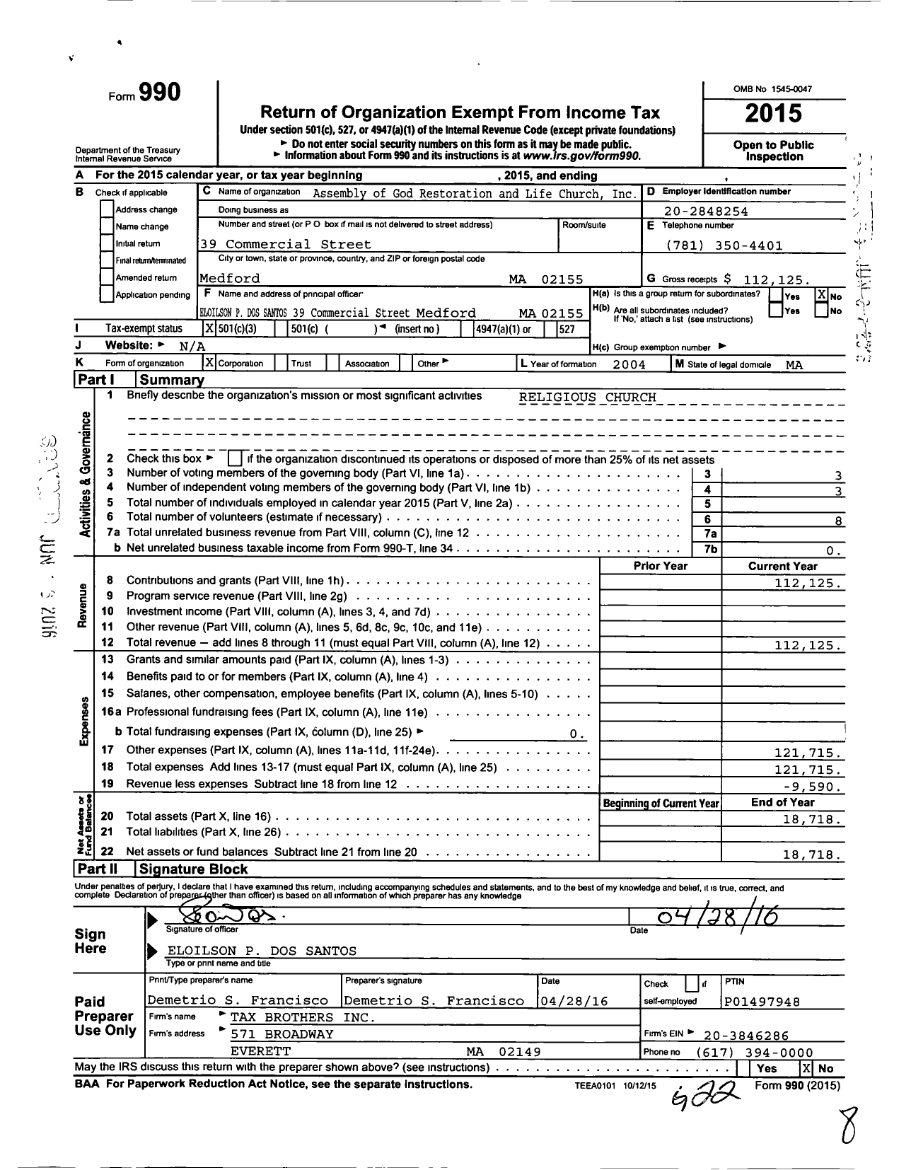 Image of first page of 2015 Form 990 for Assembly of God Restoration and Life Church